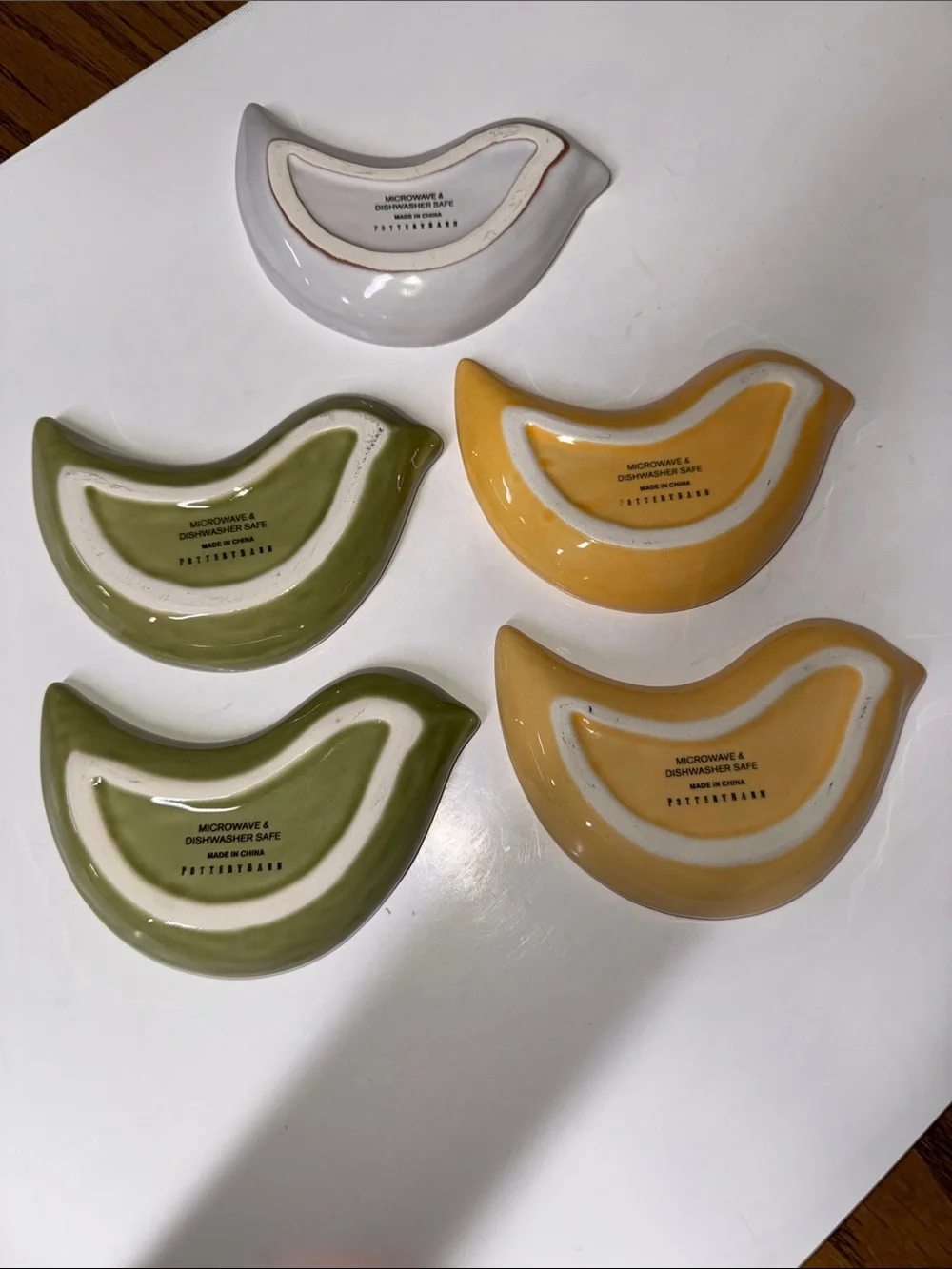 Pottery Barn Ceramic Bird Dove Dishes - Set of 5 White, Olive Green, and Mustard